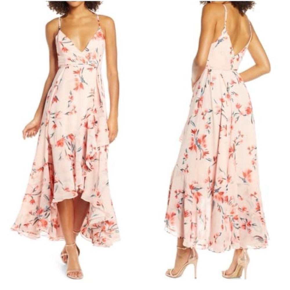 Fame & Partners Rosalia Floral Surplice Wrap High Low Midi Dress Pink 2